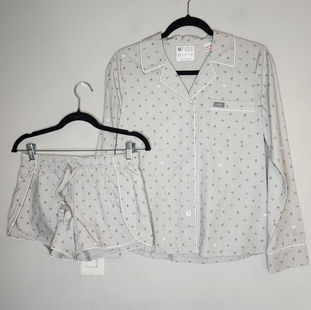 Figs Cardiology Heart 2 Piece Pajama Set Grey Women's Size XS Poplin Cotton